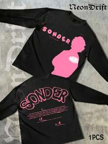 NeonDrift Double-Sided Printing Halloween, Christmas, Thanksgiving Gifts-Bold 'SONDER' Graphic Long Sleeve T-Shirt - Futuristic Pink Silhouette Design For  Urban Outfits, Perfect For Streetwear Enthusiasts And Fashion-Conscious Individuals, Featuring Unique Typography And Artistic Vibes - 黑色 - 查看 1