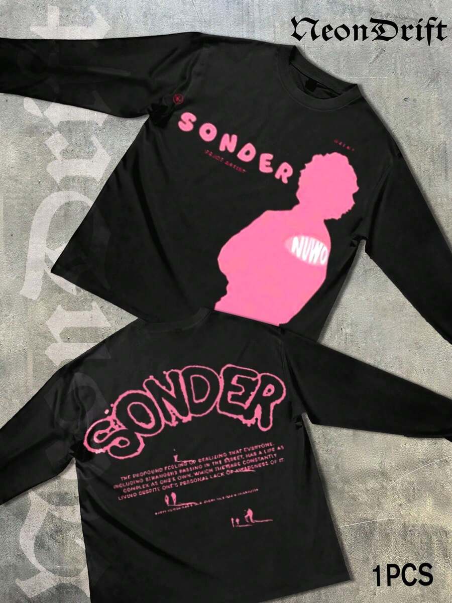 NeonDrift Double-Sided Printing Halloween, Christmas, Thanksgiving Gifts-Bold 'SONDER' Graphic Long Sleeve T-Shirt - Futuristic Pink Silhouette Design For  Urban Outfits, Perfect For Streetwear Enthusiasts And Fashion-Conscious Individuals, Featuring Unique Typography And Artistic Vibes - 黑色 - 查看 1
