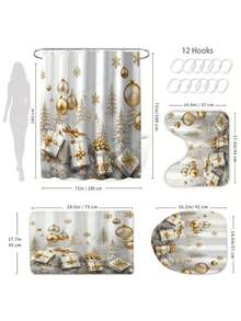 1/4 Pcs Christmas Gray & White Background Gold Foil Print Shower Curtain, Waterproof Polyester Fabric, Walk-In Shower Curtain With 12 Hooks, Bathroom Non-Slip Mat, Toilet Seat Cover And U-Shaped Pad, New Year Bathroom Decor Set