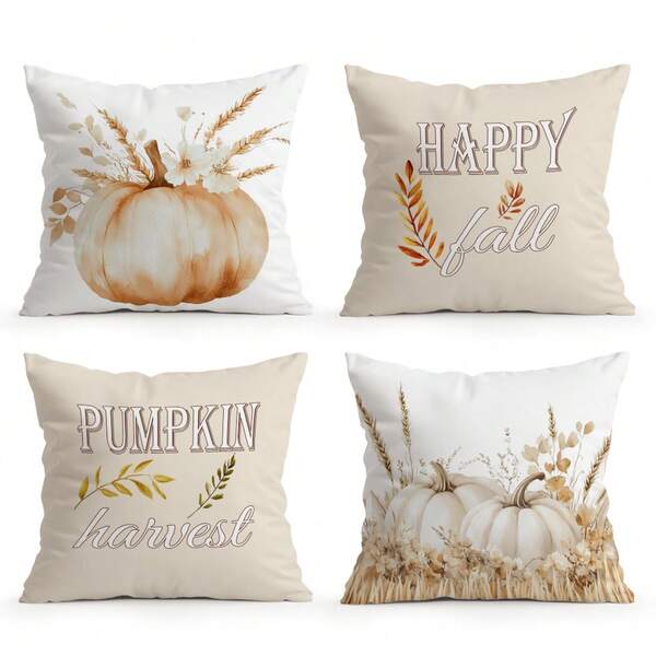 4 Stücke Kürbis-Serie Kissenbezüge, 45*45cm, einseitiger Muster, hellbraun, Herbst