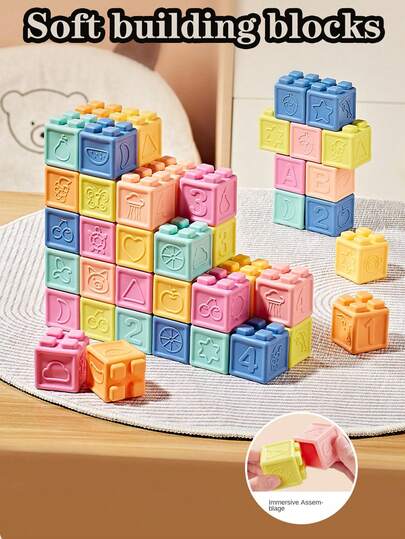 Baby Building Blocks, Toddler Stacking Toys, 8/16/24/32 Soft Educational Blocks - Numbers, Shapes, Colors, Animals - Push & Pull - Suitable For Babies Over 6 Months, 1-3 Years Old, Random Colors, Suitable For Back To School, Halloween, Christmas And Other Occasions