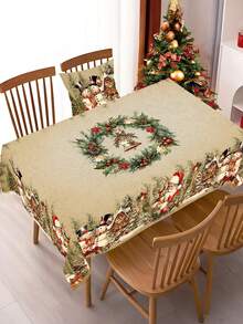 1pc Christmas Tablecloth, Vintage Santa Claus Snowman Winter Village, Polyester Tablecloth, Round/Rectangular, Christmas Party Home Kitchen Dining Table Decor, Christmas Gift - Multicolor - View 4