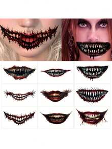 9 foi înfricoșător gura mare tatuaje temporare zombie vampir clovn realist impermeabil Halloween față tatuaj autocolante farsă recuzită horror machiaj față pentru festival bal cosplay petrecere de Halloween
