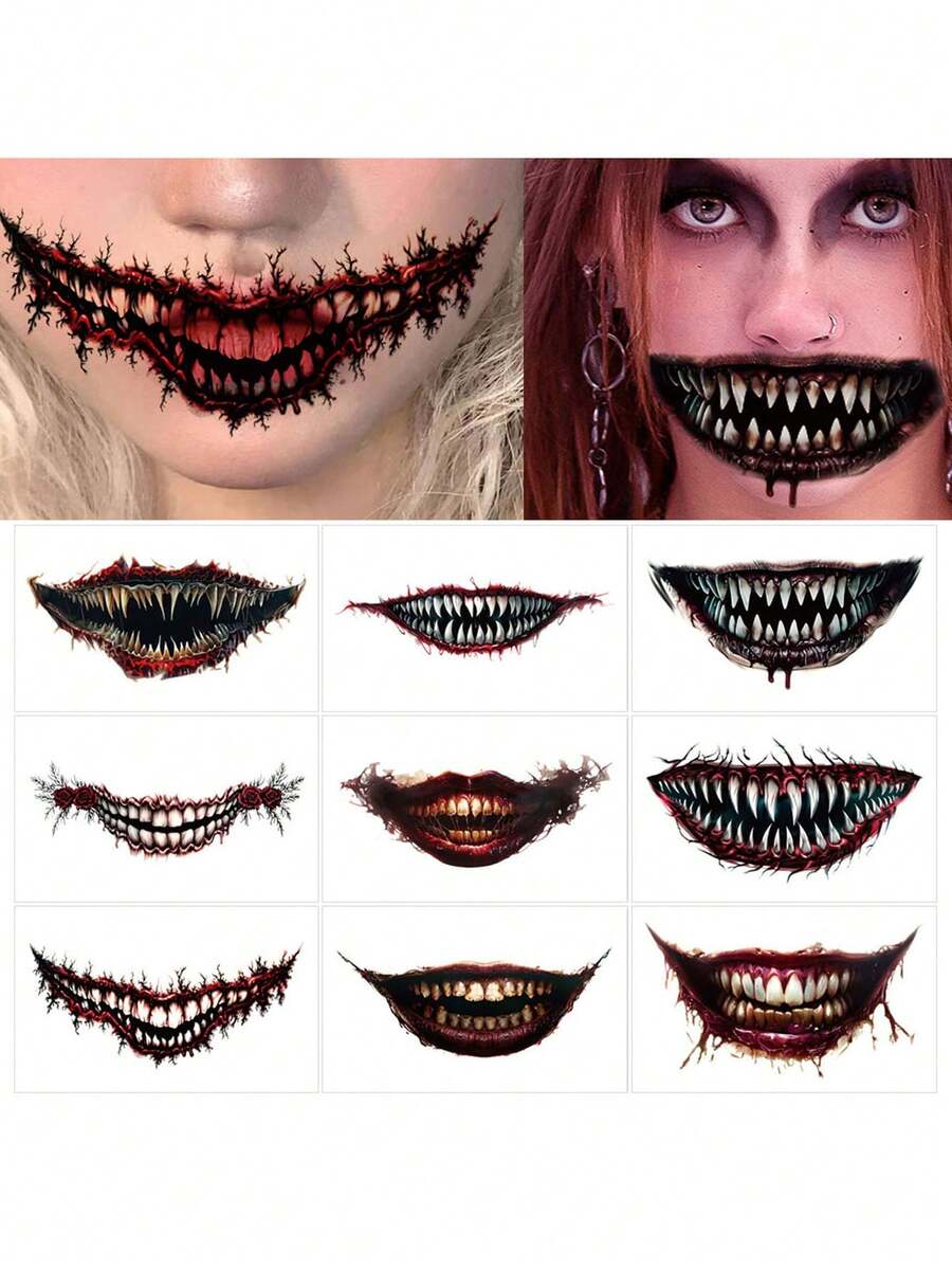 9 foi înfricoșător gura mare tatuaje temporare zombie vampir clovn realist impermeabil Halloween față tatuaj autocolante farsă recuzită horror machiaj față pentru festival bal cosplay petrecere de Halloween