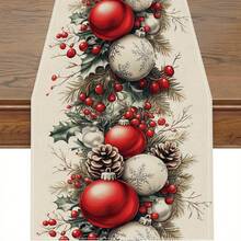 1pc Christmas Table Runner, Christmas Table Runner With Red Bells And Pine Cones Design - Polyester Woven Fabric, Rectangular Holiday Tablecloth For Festive Home Decor, Perfect For Christmas And Family Celebrations, Christmas Table Decorations - Nhiều màu - Xem 3