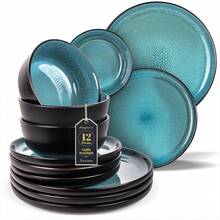 MAGMALIFE Vajilla De Ceramica Moonlight Gres Esmaltado Vitrificado, Set De 12 Piezas, Resistente A Rayaduras, Platos Grandes, Pequeños y Tazones, Para 4 Personas, Apta Lavavajillas Y Microondas - Beis - Ver 8