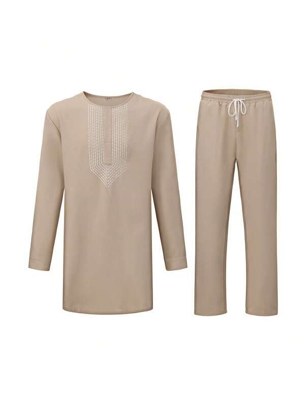 Conjunto para hombres de Oriente Medio, con parte superior de manga larga holgada y bordada + pantalones, 2 piezas, informal para festivales de primavera/otoño