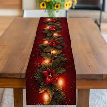 1pc Christmas Theme Table Runner, Pine Branch Print With Warm Fairy Lights, Suitable For Home, Kitchen, Dining Room, Tablecloth, Tableware, Office, Small Tea Table And Coffee Table, Christmas Table Decor