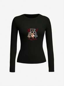 1pc Christmas Letter Plaid Leopard Print Elk & Christmas Tree Graphic Women's Round Neck Long Sleeve Slim Fit T-Shirt, Soft Stretchy Fabric Elegant Versatile Top, Vintage Y2K Fashion, Cozy Fall & Back To School Layering Top, Ideal For Holiday Party & Daily Wear - 黑色 - 查看 2