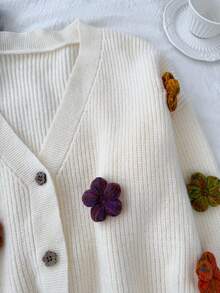 1pc 3D Floral Lantern Sleeve Cardigan, Fashion Knitted Sweater Suitable For Spring And Autumn