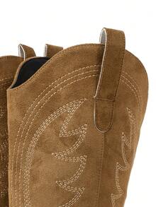 Pointed Toe Thick Sole Chunky Heel New Fashion Versatile Faux Suede V-Cut Tall Boots, Embroidered Western Cowboy Boots, Suitable For Vacation, Music Festival, Halloween