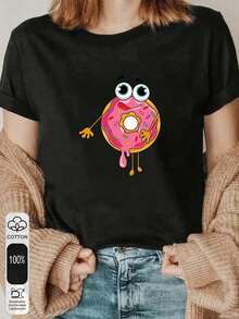 1pc blusas para mujer blusas elegantes dama playera de mujer blusas mexicanas de septiembre imagen de Donut divertido estampado de donuts T shirt de algodón 180g blanco y negro impresión de alta calidad en algodón cuello redondo corte básico holgado hombres y mujeres transpirable versátil lavable a máquina cómodo tallas S ~ 3XL diario casual deportivo imprescindible para el verano - Negro - Ver 1