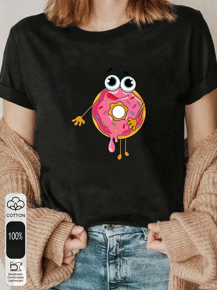 1pc blusas para mujer blusas elegantes dama playera de mujer blusas mexicanas de septiembre imagen de Donut divertido estampado de donuts T shirt de algodón 180g blanco y negro impresión de alta calidad en algodón cuello redondo corte básico holgado hombres y mujeres transpirable versátil lavable a máquina cómodo tallas S ~ 3XL diario casual deportivo imprescindible para el verano - Negro - Ver 1