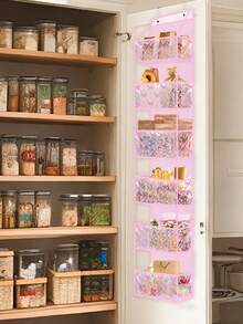 1 件 4/6 层门上收纳架，带 2 个挂钩，大容量无纺布壁挂式储物袋，带透明 PVC 口袋，门后蝴蝶结郁金香图案储物架，适用于卧室育儿室衣橱洗衣房餐具室浴室。（粉色） - 粉色 - 查看 5