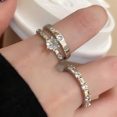 1 ชุด แหวนแบบเรียบง่ายปรับได้ 3 วง ประดับพลอยเทียม เหมาะสำหรับใส่ในชีวิตประจำวัน, เทศกาล และงานปาร์ตี้ของผู้หญิง