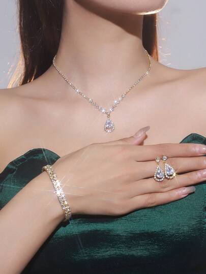 Bridal Jewelry Set - Necklaces, Earrings, Bracelets, Full Of Rhinestones And Water Droplets, Elegant - Suitable For Women's Daily Wear, Weddings, Parties, Etc.