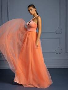 VIPGIRL A-Line Backless Velvet Mesh Formal Dress - Women's Long Formal Evening Gown - Orange - View 3