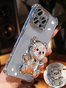MewTrek 奢华电镀透明银色手机壳，创意可爱小熊支架，饰以闪亮水钻，展现Y2K风格，防震防刮，全新夏季硅胶软壳保护套，兼容 16/16E/15/14/13/12/11/X/XS/XR/8/7 Plus/Pro/Max/Mini，兼容Galaxy S24/S25 Ultra，兼容Redmi，兼容Honor，兼容OPPO Reno，兼容MOTO，兼容Infinix Women 2025，国际版，非国内版 - 銀色 - 查看 3