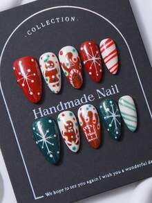 10 件/套按压式指甲杏仁形指甲贴纸圣诞主题手绘姜饼人雪花 Y2K 风格辣妹风格奢华手工指甲优雅大方适合女士和女孩 - 彩色 - 查看 3
