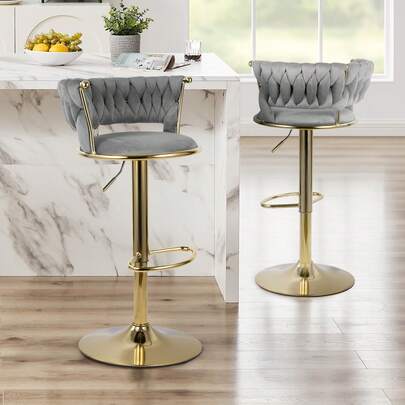 Aivermeil Lot de 2 tabourets de bar luxueux avec revêtement en velours, repose-pieds – réglables en hauteur et pivotants, avec base en métal doré