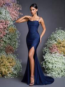 AOSHABABI 蓝色露肩长裙，优雅的颈部和肩部设计，美人鱼下摆，浪漫的系带，适合正式场合、音乐节、联欢晚会、婚礼、毕业典礼、鸡尾酒会、约会、节日和伴娘 - 藏蓝色 - 查看 3