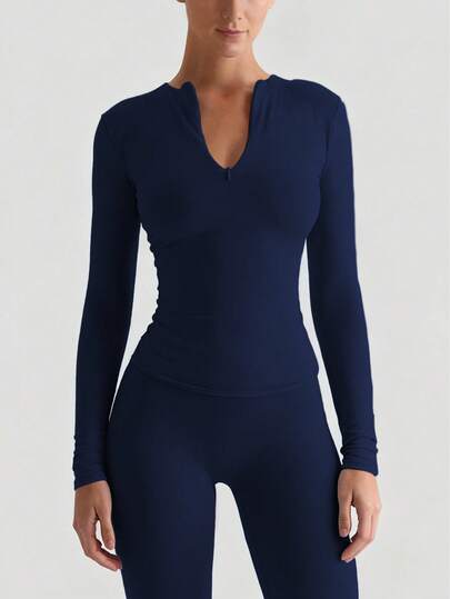 XLLAIS Fall Winter Clothes Fashion Zipper Collar Solid Tight T-Shirt Women's Sports Casual Long Sleeve Stretch Royal Blue Top