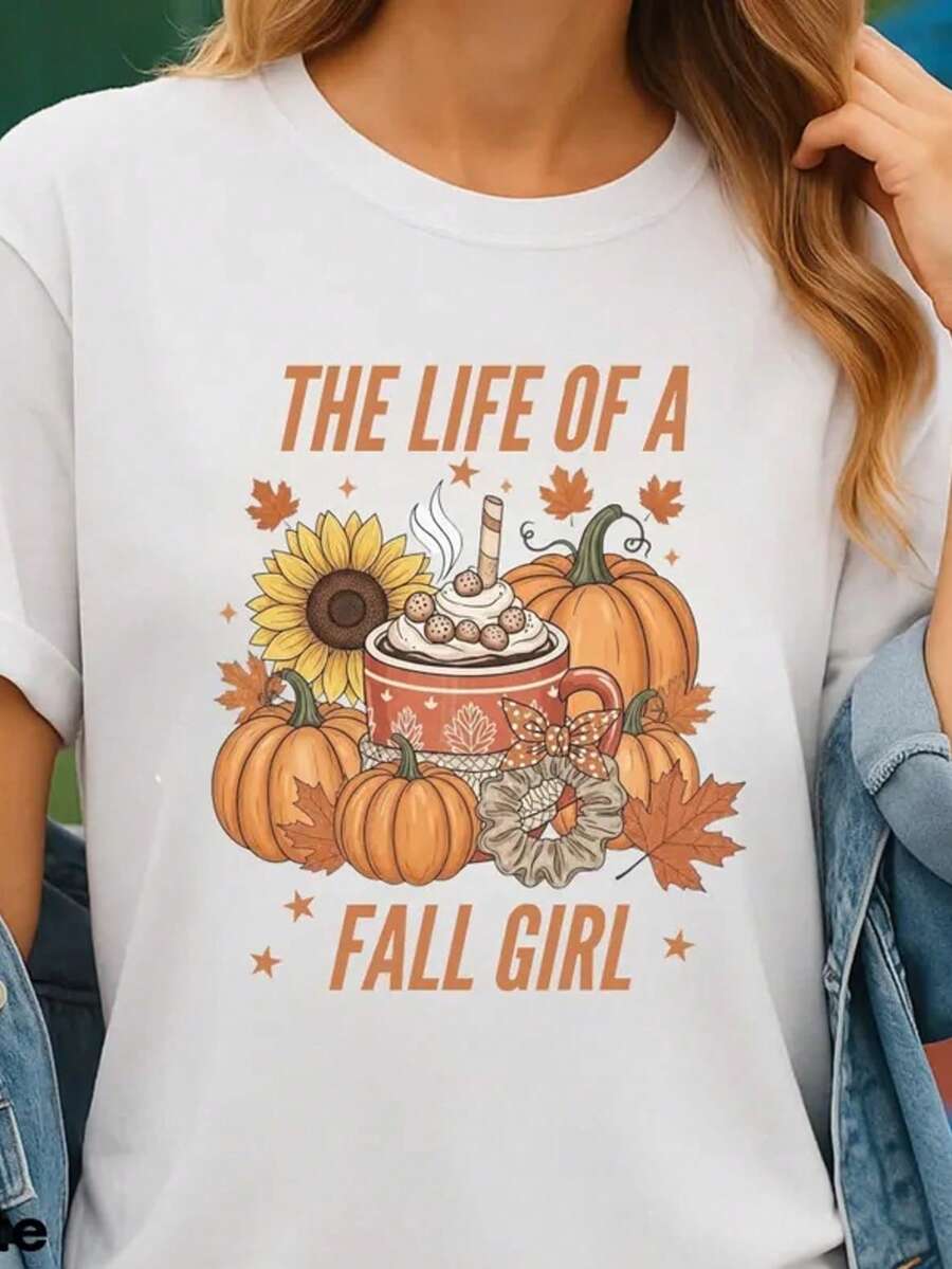 The Life Of A Fall Girl White T Shirt Pumpkin Spice Latte Shirt Autumn Vibes Outfit Cozy Season Shirt Coffee Lover Shirt Fall Aesthetic Graphic Tee - 白色 - 查看 1