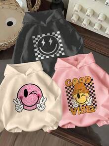 3 件套青少年女孩休闲印花连帽运动衫，厚保暖衬里长袖套头衫，适合学生，秋冬 - 彩色 - 查看 1