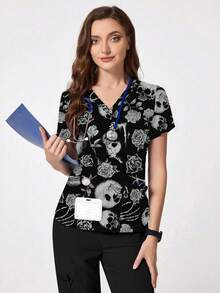 cimmuovere Women's Scrubs V-Neck Short Sleeve Skull Print Scrubs Nurse Scrubs Workwear Dentist Healthcare Pet Hospital Laboratory Top, Halloween Clothes Black Spring - Black - View 5