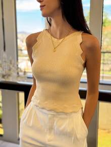 Basic Zig Zag Tank Top Summer Knit Modal New Collection - Sand - View 1