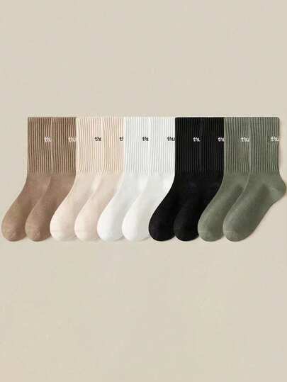 5 Pairs Men's Versatile Lightweight Comfortable Personalized Letter Printed Mid-Calf Socks, Suitable For Spring And Autumn, Fall Socks