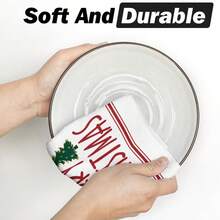 2 Buah Handuk Dapur Motif Pohon Natal Merah Putih, Handuk Piring Penyerap dengan Cetakan Huruf Selamat Natal & Kepingan Salju, Handuk Teh Dekorasi Liburan Natal untuk Dapur dan Dekorasi Rumah - Merah - View 7
