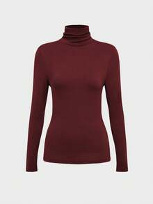 女士简约复古硬币图案优雅休闲高领长袖针织打底衫，秋冬季 - 酒紅色 - 查看 4