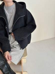 Black Wool Blend Bomber Jacket For Women Regular Length Long Sleeve With Zipper And Fuzzy Details - Carbon Black - View 9