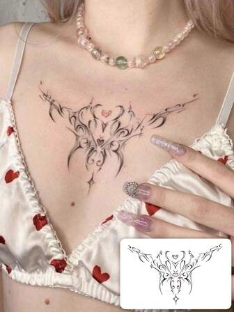 可水洗临时纹身贴纸 1张PVC心形暗黑恶魔之翼图案，适用于胸部、腰部和腹部，时尚欧美风ins设计，防水防汗，适合潮流达人，日常使用可维持1-3天