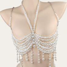 1 Pc New Sexy Bikini Pearl Cross Bra ,Fringe Bra Chain Adjustable Plus Size Bikini Beach Waist Chain Belt Belt Belly Jewelry Beach Vacation Party Accessories For Women And Girls;Body Chain Top