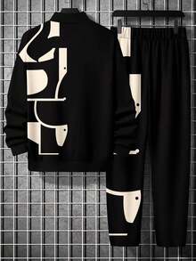 Men's Business Geometric Print Zip-Up Sweatshirt And Pants Set