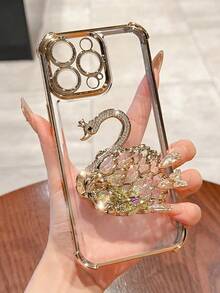 奢华电镀透明金色手机壳，带创意天鹅支架，水钻闪光 Y2k 风格，防摔，防掉落，夏季新款时尚硅胶防震保护软壳，兼容 16 16e 15 14 13 12 11 X XS XR 8 7 Plus Pro Max Mini、Samgsung Galaxy S24 S25 Ultra、兼容小米 Redmi、兼容华为 Honor OPPO Reno MOTO Infinix Women 2025