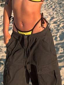 Women Y2k Drawstring Cargo Shorts Baggy Denim Shorts Summer Fashionable Wide Leg Knee Length Jean Shorts With Pocket Streetwear - màu nâu - Xem 6