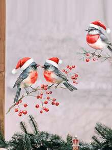 1 PIEZA Pegatinas de ventana con pájaros de estilo art decó navideños, calcomanías de ramas de bayas rojas para vidrio, pegatinas decorativas de plástico autoadhesivas, decoración festiva para el hogar, motivos de pájaros con gorro de Papá Noel de un solo uso, decoraciones navideñas para habitación, decoración de pared, pegatinas de pared, pegatinas de pared decoraciones navideñas para el hogar