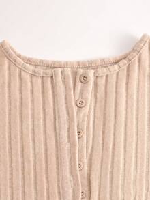 纽扣细节休闲蕾丝荷叶边二合一磨毛T恤上衣 - 杏色 - 查看 5