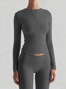 XLLAIS 女士秋冬时尚拉链领纯色紧身T恤，弹力休闲长袖运动上衣 - 深灰色 - 查看 4