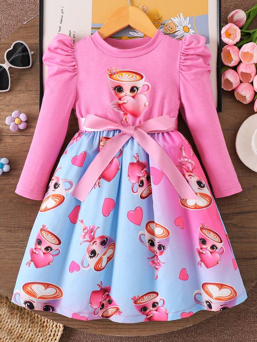 Váy dài tay thời trang thu đông cho bé gái "BALLERINA CAPPUCCINA" - In kỹ thuật số Cappuccino Ballerina, thắt lưng, cổ tròn, tay bồng, váy dài đến đầu gối, phù hợp cho bé gái mặc thường ngày vào mùa xuân và mùa thu - Màu Hồng Tươi - Xem 1