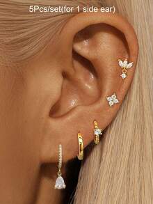 5Pcs/Set Earrings Set For Women Fashion Gold Plated Zirconia Stud Hoop Dangle Earrings Women Casual Glamorous Jewelry Accessories