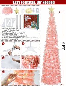 Árbol de Navidad artificial desplegable de 1.8 metros con 100 luces LED con cronómetro, árbol de Navidad de oropel verde, decoración de festividades para el hogar, oficina, fiesta - Rosa - Ver 6