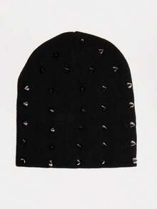 1pc Punk Style Rivet Decorated Knitted Hat, High-Quality Y2K Vintage Solid Black Warm Beanie, Fashionable Daily All-Winter Wear.