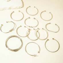 12 Stück/7 Stück/5 Stück Vintage breites Armband Set, minimalistische geometrische offene Armreifen in Gold- und Silberfarben - Gold - Übersicht 5