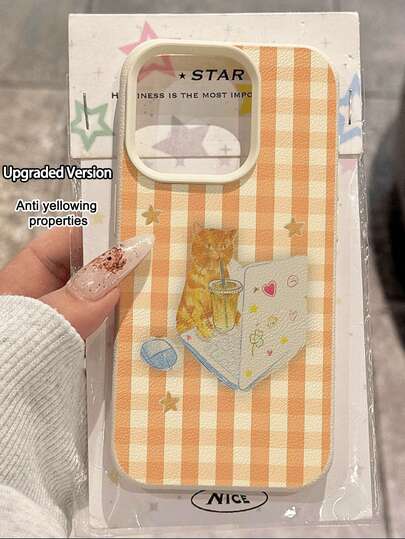 1 stuk schattig vintage modieus computer telefoonhoesje met kat-lychee textuur, valbestendig en antislip, geschikt als verjaardags- of vakantiecadeau voor vrienden, familie en stellen, compatibel met Apple-telefoons.