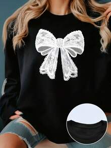 Sudadera casual de poliéster con cuello redondo para mujer con estampado de lazo de mariposa, jersey de punto de manga larga para primavera/otoño, 220 g/m² - Negro - Ver 2