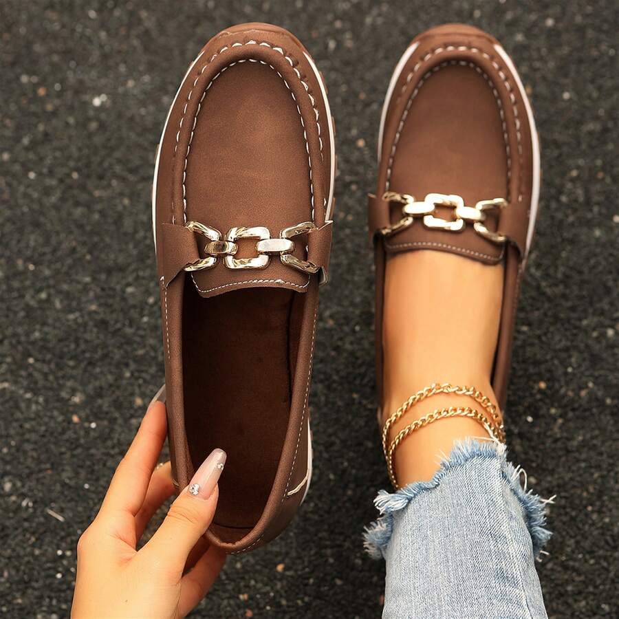 Comfortable Lightweight Women Shoes Slip On Loafers Low Top Round Toe Casual Chain Decorated - Cà phê nâu - Xem 1